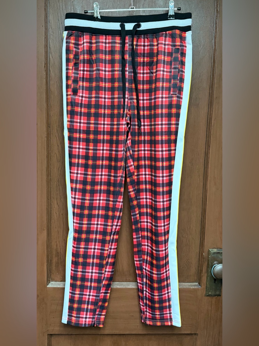 Red Plaid Track Pants with yellow and white stripe